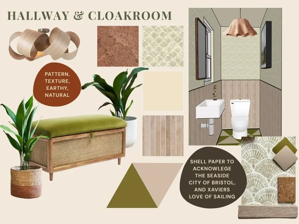 Hallway and cloakroom design with shell wallpaper, olive bench, and cork accents