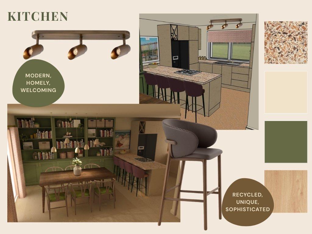 Kitchen mood board with 3D render, terrazzo surfaces, and brushed brass track lighting