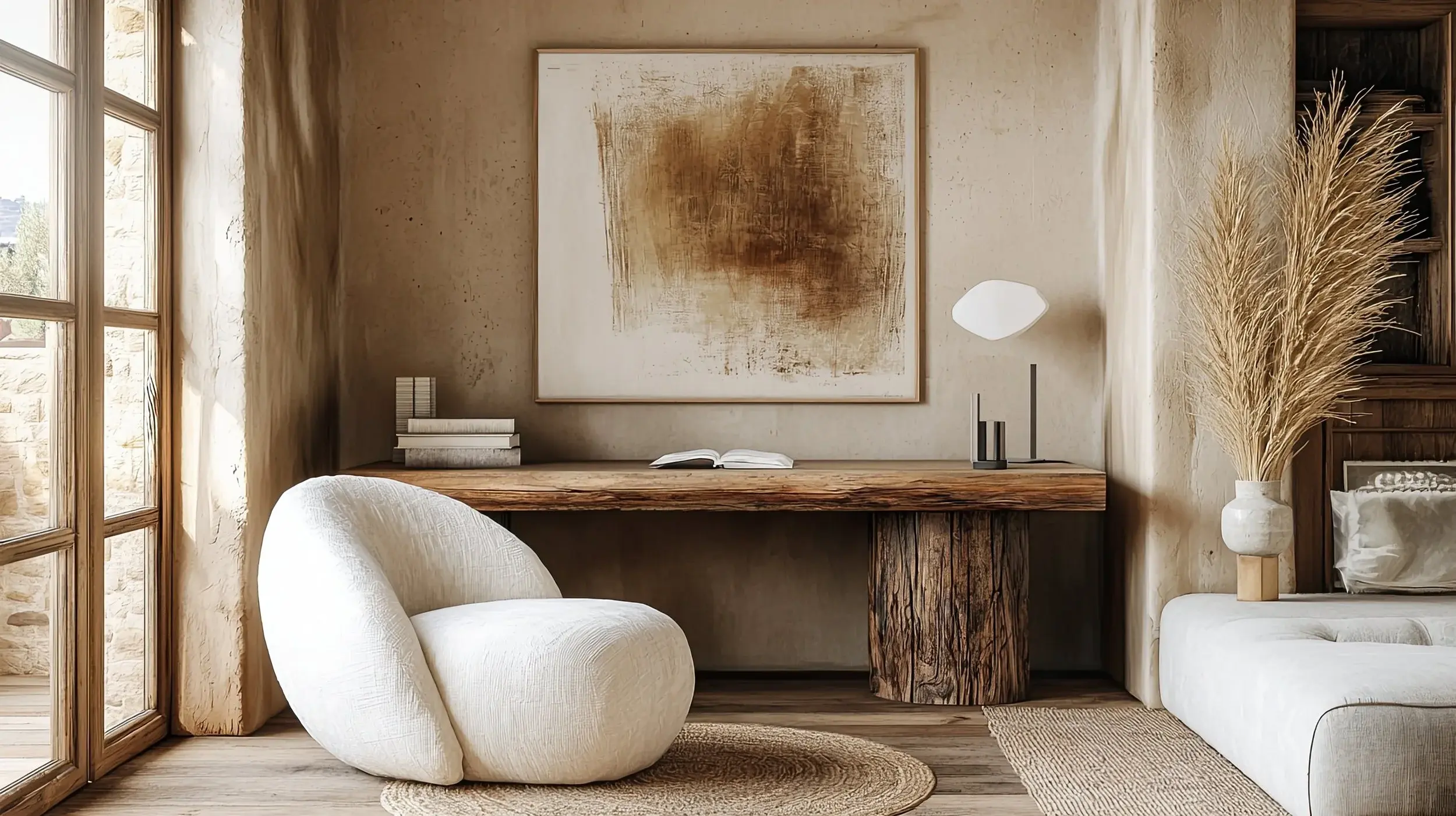 An autumn room evoking nature through materials, light, and form rather than plants