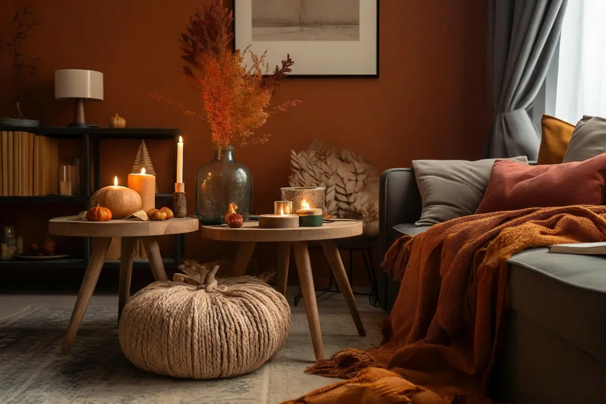 An autumn interior layered with earthy tones, natural textures, and warm light